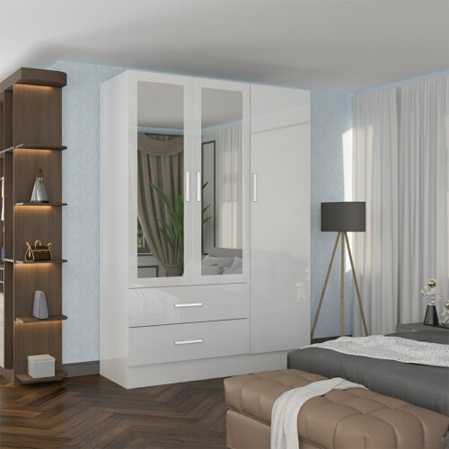 (White, 116cm) 3 Door High Gloss Wardrobe