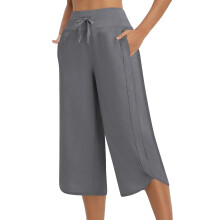 Dames yogabroek met wijde pijpen, hoge taille, donkergrijs, cropped flared loungebroek met zakken, boterzachte 7/8 lengte, sportbroek voor dames,
