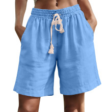 Damesshorts in lichtblauwe paperbag-stijl, elastische tailleband en zakken, ademend polyester, middellange lengte, zomerse casual kleding, maat XL