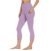 Dameslegging met hoge taille en zakken, corrigerende yogabroek, sportieve capri voor workouts, 7/8 lengte, paars, maat M