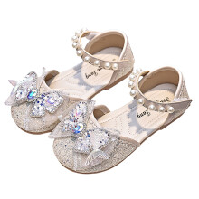 Girls Sparkle Princess Dress Shoes Bow Wedding Party Flower Bridesmaids Mary Jane Ballet Flats Beige 6-7Years