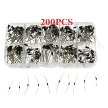 Assortimentsset van 200 diodes met 10 verschillende waarden: gelijkrichter-/Schottky-diodes 1N4001-1N4007-1N5819, inclusief opbergdoos.