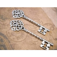 2 Large Skeleton Keys Pendants Steampunk Keys Antiqued Silver 68mm