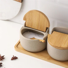 Lot de 3 Pots à Épices en Argile de Style Japonais avec Couvercle en Bambou et Cuillère pour Sucre, Sel, Épices et Rangement.