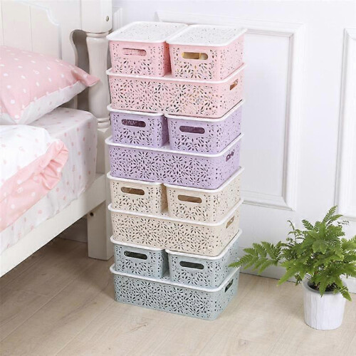 (Pink, 24x17x10.5cm) Stackable Plastic Storage Baskets Boxes Bins Kitchen Organizer Drawer Shelf Desktop Adjustable Colored 1