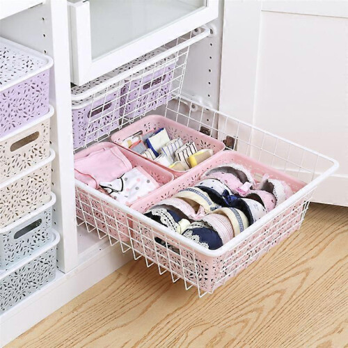 (Pink, 24x17x10.5cm) Stackable Plastic Storage Baskets Boxes Bins Kitchen Organizer Drawer Shelf Desktop Adjustable Colored 2