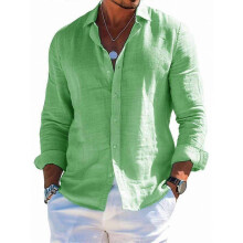 (Light Green, 2XL) Men's Summer Loose Cotton Linen Long Sleeve Shirt