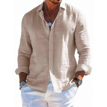 (Khaki, S) Men's Summer Loose Cotton Linen Long Sleeve Shirt