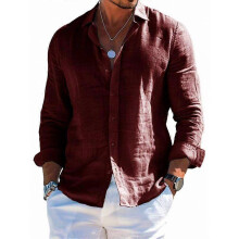 (Deep Red, XL) Men's Summer Loose Cotton Linen Long Sleeve Shirt
