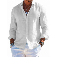 (White, 6XL) Men's Summer Loose Cotton Linen Long Sleeve Shirt