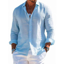 (Light Blue, L) Men's Summer Loose Cotton Linen Long Sleeve Shirt