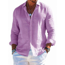 (Purple, L) Men's Summer Loose Cotton Linen Long Sleeve Shirt