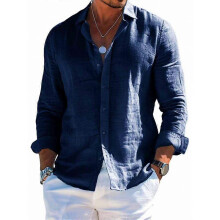 (Dark Blue, L) Men's Summer Loose Cotton Linen Long Sleeve Shirt