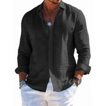 (Black, M) Men's Summer Loose Cotton Linen Long Sleeve Shirt