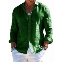 (Dark Green, XL) Men's Summer Loose Cotton Linen Long Sleeve Shirt