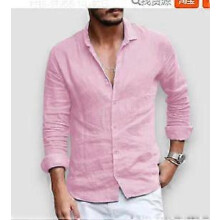 (Pink, M) Men's Summer Loose Cotton Linen Long Sleeve Shirt