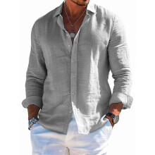 (Grey, 2XL) Men's Summer Loose Cotton Linen Long Sleeve Shirt