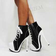 (16 for 29.5cm Foot Length) Stivaletti da donna con plateau e cerniera laterale, tacco alto, in tela, unisex.