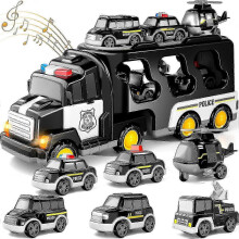 (Black) 7 In 1 Truck Friction Power Toy Set: Fire, Construction, Police Trucks for Toddlers, Kids Birthday Gifts