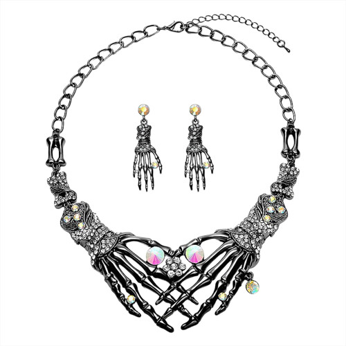 Halloween Skeleton Hand Skull Necklace Earrings Set