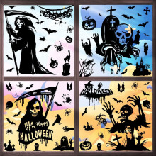 Halloween Window Clings - Black Grim Reaper, Skeleton, Ghost, and Bat Glass Stickers for Día de los Muertos Decor