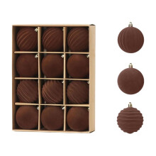 12-Piece Flocked Christmas Tree Balls, 6 cm, Coffee