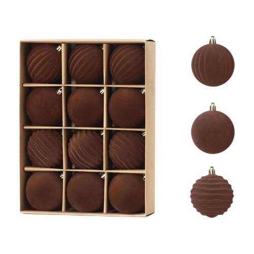 12-Piece Flocked Christmas Tree Balls, 6 cm, Coffee