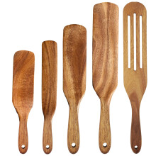 Set de 5 ustensile de bucătărie din lemn, ustensile de gătit din lemn natural pentru amestecat, răsturnat, sotat - Mânere netede și curbate,