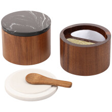Salt Cellar Box with Lid and Spoon Wood Stone 2 Pcs