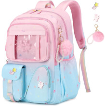 Leuke schoolrugzak met kleurverloop, schattige rugzak/boekentas, schooltas voor de basisschool en middelbare school, roze/blauw