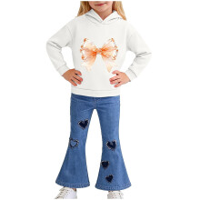 Hvidt 2-delt outfitsæt til piger, hættetrøje med sløjfeprint og jeans med stræk, sødt, afslappet forårs- og påskelegetøj til børn,