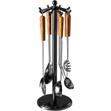 Stainless Steel Rotatable Kitchen Utensil Holder with 8 Hooks, Hanging Spoon & Spatula Organizer, Black – Compatible with Standard Countertops