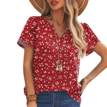 Women Petal Short Sleeve Floral Print Top Casual V Neck-PP M