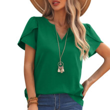 Floral Print Petal Short Sleeve Top Summer Blouse Women-Green L