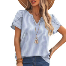 Women Elegant Floral Print V Neck Casual-blue and white pinst M