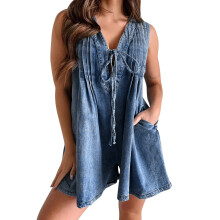Tuta corta da donna senza maniche in denim con laccetti sul davanti e tasche, ideale per l'estate (Blu 2, XL)