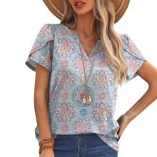 Women's Colorful Floral Print T-Shirt Petal Short Sleeve-EF XXL