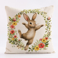 Capa de Almofada de Páscoa com Estampa de Ovos de Páscoa e Coelhos em Linho e Fleece Cor Pêssego - Uma Atividade Divertida para Todas as Idades