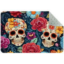 Sugar Skull Flowers Seamless Small Area Rug, Non-Slip Door Mat Indoor Floor Mat, Washable Kitchen Rug Entrance Door Mat for Bedroom Living Room
