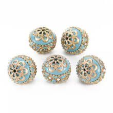 5x Handmade Round Indonesia Bead With Metal Pattern For Jewelry Making 19.5x19mm-Light Sky Blue
