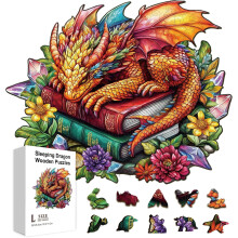 Rompecabezas de madera de 200 piezas con diseño de dragón durmiendo y libros para adultos, 29,8 x 28,4 cm, coloridos, ideales para fiestas y