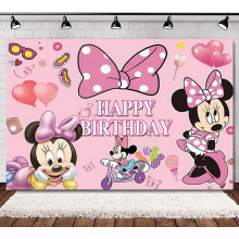 Minnie Cartoon Theme Birthday Flag Background Banner Children's Party Decoration supplies Photography Photo Prop,70.8x43.3inch.