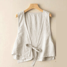 Chaleco de algodón y lino para mujer, chaqueta informal sin mangas con lazo frontal, chaleco ligero (A, M)