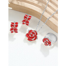 Cross-Border Jewelry Set - Black Rose and Camellia Flower Earrings, Necklace, and Ring Set