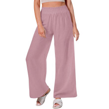 Calça feminina Red2L de cintura alta e pernas largas, estilo casual, lavagem lisa, cós elástico – ideal para primavera/verão e todos os tipos