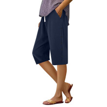 Dame Gaucho-bukser i hør-bomuld, vide Palazzo Lounge-slacks med lommer, høj talje, marineblå, S-3XL, sommerstrandtøj