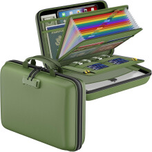 Fireproof File Organizer with Lock, Hard-Shell Case & 13-Pocket Accordion Folder – Portable Safe Storage for Documents & Laptop, Green
