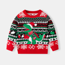 Julegenser til småbarn, 4 år, rød dinosaur- og julemotiv med snøflak/juletrær, slitesterke festklær til barn i 100 % polyester