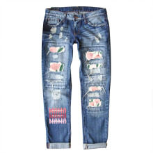 Pantalones vaqueros ajustados azules para mujer – Desgarrados, desgastados, de mezclilla elástica, tallas grandes, parche floral, corte boyfriend,