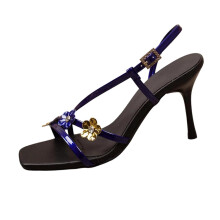 Schwarze Damen-Sandalen mit Glitzer und Strasssteinen, Riemchen, eckige Zehenpartie, 8,5 cm Absatzhöhe, lässig für Frühling/Sommer, Größe 37